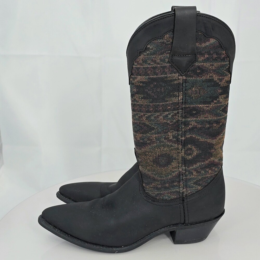 Vintage Dingo Women 7.5 M Black Aztec Design Tapestry/Leather Boots 80s